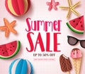 Summer sale vector banner design with sale text and beach paper cut colorful elements