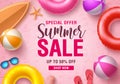 Summer sale vector banner design. Summer sale promotional discount text with summer beach elements