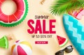 Summer sale vector banner design. Summer sale text with surfboard, floaters and beachball beach elements. Royalty Free Stock Photo