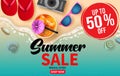 Summer sale vector banner design. Summer sale text up to 50% off special offer of beach element like flipflop, camera.