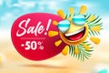 Summer sale vector banner design. Sale text and emoji in beach background with summer discount offer for seasonal travel.