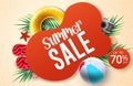 Summer sale vector banner design. Summer sale text with up to 70% off beach element like beach ball, floater and flipflop.