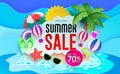 Summer sale vector banner design. Summer sale up to 70% off text in beach island background with tropical season elements Royalty Free Stock Photo