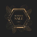 Summer sale vector banner with exotic tropical gold monstera and palm leaves on black background. Design for advertising, flyer, Royalty Free Stock Photo