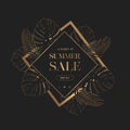 Summer sale vector banner with exotic tropical gold monstera and palm leaves on black background. Design for advertising, Royalty Free Stock Photo