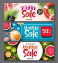 Summer sale vector banner set. Summer sale discount text in colorful backgrounds with beach elements Royalty Free Stock Photo