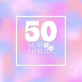 Summer 50% sale vector banner template with geometric white  elements on colorful background. Abstract design for advertising, Royalty Free Stock Photo