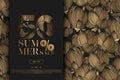 Summer sale vector banner template with gold hand drawn abstract lotus flowers pattern isolated on black background. Illustration Royalty Free Stock Photo