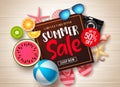 Summer sale vector banner template. Summer sale promotional discount text in frame with colorful summer elements