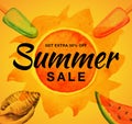 Summer sale vector banner with watercolor sun orange background. Watrecolor ice cream, shell, watermelon, sun. Royalty Free Stock Photo