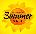 Summer sale vector banner with watercolor sun on yellow background. Yellow sun with realistic watercolor texture Royalty Free Stock Photo