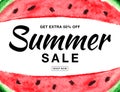 Summer sale vector banner with watercolor watermelon isolated on white background.