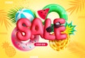 Summer sale vector design. Summer sale 3d text for holidays season promo with beach elements in background. Royalty Free Stock Photo