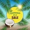 Summer sale vector mockup for banner design promotion. Tropical sunny circle with palm leaves and coconut on beach, illustration.