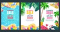 Summer sale vector poster, banner template. Season backgrounds. Tropical frame with sand beach, water, leaves and fruits Royalty Free Stock Photo