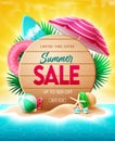 Summer sale vector poster design. Summer sale text in foliage circle with limited time price discount offer up to 50% off. Royalty Free Stock Photo