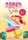 Summer sale vector poster design. Summer sale text up to 50% off discount with tropical vacation objects for seasonal shopping.