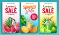 Summer sale vector poster set. Summer sale text in limited time offer with tropical season fruits and drinks for seasonal holiday Royalty Free Stock Photo