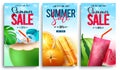 Summer sale vector poster set. Summer sale text in limited time offer with tropical season fruits and drinks for seasonal holiday Royalty Free Stock Photo