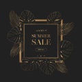 Summer sale vector square banner with exotic tropical gold monstera and palm leaves on black background. Design for advertising, Royalty Free Stock Photo
