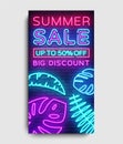 Summer Sale vertical banner design template vector. Neon sign, modern trend design, neon style webbanner, bright neon