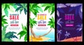 Summer sale vertical banner set. Vector season poster template. Tropical backgrounds with green palm leaves frame