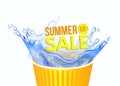 Summer sale. Water spills out of the glass.Water splash. Drink. Vector