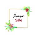 Summer sale watercolor golden frame palm leaf and exotic flower desing template. Floral flayer or discount voucher template. Trend