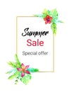 Summer sale watercolor golden frame palm leaf and exotic flower desing template. Floral flayer or discount voucher template. Trend