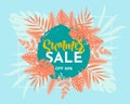 Summer sale web banner, tropical colorful leaves. Advertisement on blue background. Vector illustration Royalty Free Stock Photo