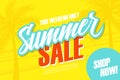 Summer Sale. This weekend special offer banner with palm trees. Shop now.