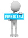 summer sale word banner held up by little 3d man