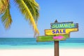 Summer sale written on pastel colored wooden direction signs, beach and palm tree background Royalty Free Stock Photo