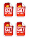 Summer Sale red sticker set. Sale 10%, 20%, 30%, 40% off. Stickers with yellow sun icon Royalty Free Stock Photo