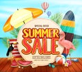 Summer Sale with Yellowish Circle for Text with Palm Leaves, Umbrella, Surfboard, Flamingo, Toucan, Slippers,