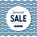 Summer sales banner template with blue wave background.