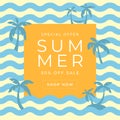 Summer sales banner template with blue wave and coconut tree.