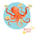 Summer sales poster with octopus