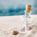 Summer sand sea beach with waves and glass botle with message Royalty Free Stock Photo