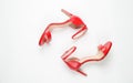 Red sandals on white background top view, flat lay, fashion, minimalism concept. Top view. Royalty Free Stock Photo