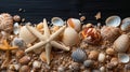 Summer sandy background with seashells and starfish. Generative AI. Royalty Free Stock Photo