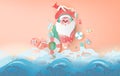 Summer Santa Claus Christmas day July concept.Delivery service cute cartoon character for Xmas design on sea wave water background Royalty Free Stock Photo