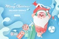 Summer Santa Claus Christmas day July concept.Delivery service cute cartoon character for Xmas design on splash water background. Royalty Free Stock Photo