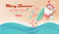 Summer Santa Claus Christmas day July.Delivery service concept cute cartoon character for Xmas design on sea wave water background Royalty Free Stock Photo