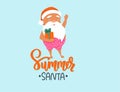 Summer Santa Claus illustration with gift box. Merry Christmas at the beach. Tropical Christmas and happy New Year