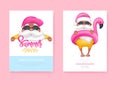 Summer Santa`s greeting cards. Vector illustration. Tropical Christmas and Happy New Year in a warm climate design.