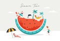 Summer scene, group of people having fun around a huge watermelon, surfing, swimming in the pool, drinking cold beverage