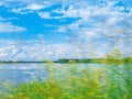 The summer scene in motion of the field grass in front of the lake and the sky. Royalty Free Stock Photo