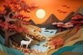 Summer scene - river, mountains, deer and tree. Japanese origami, paper art style