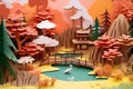 Summer scene - river, mountains, house and tree. Japanese origami, paper art style